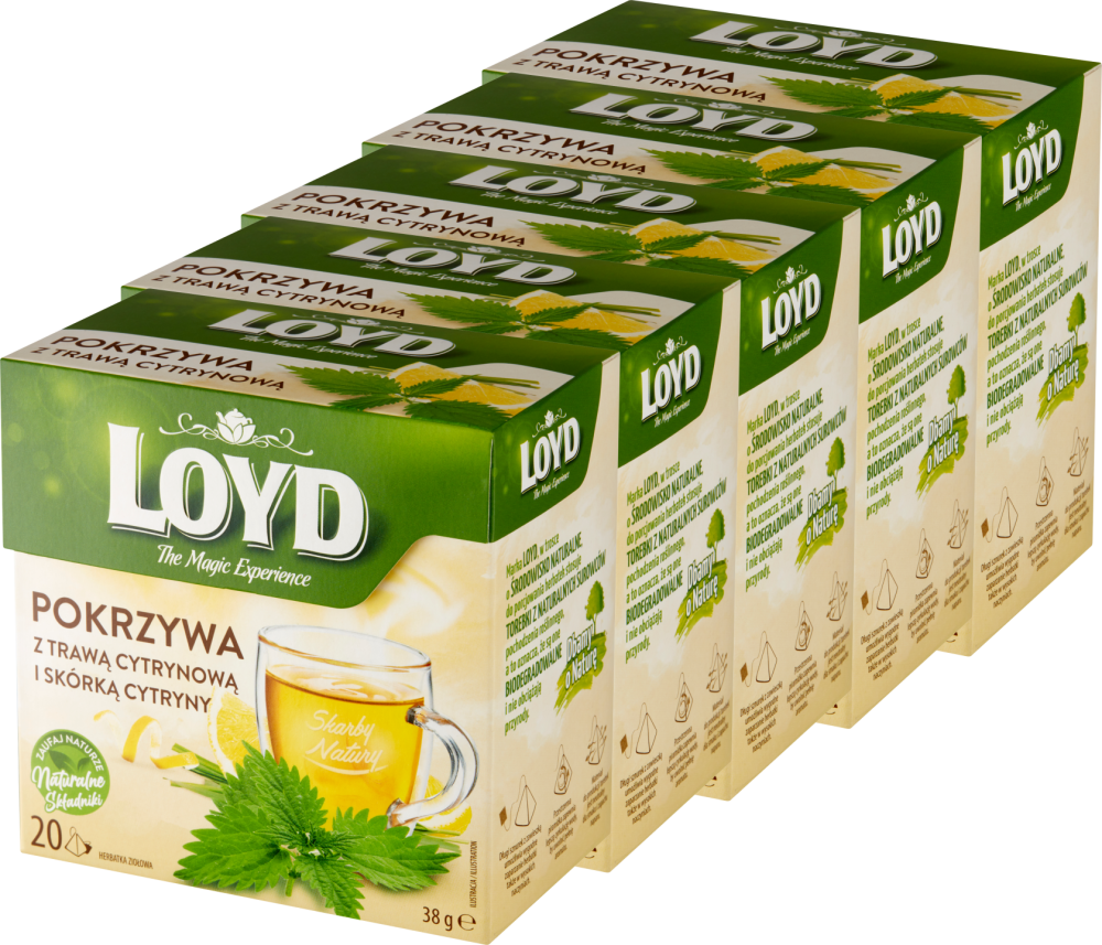 5x Herbata ziołowa w piramdkach Loyd Pokrzywa z trawą cytrynową i skórką cytryny, 20 sztuk x 1.9g
