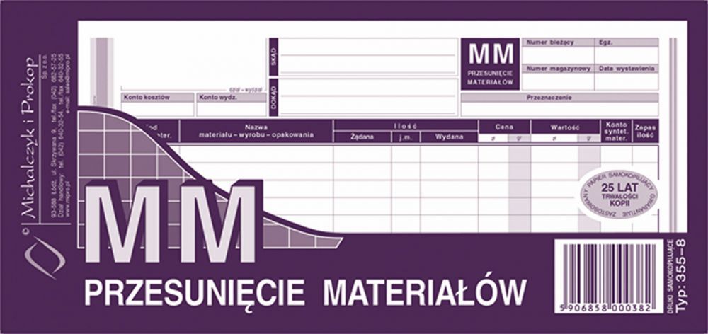 Druk akcydensowy MM przesunięcie międzymagazynowe materiałów MiP 355-8, 1/3 A4, wielokopia, 80k