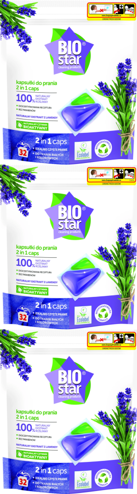 3x Kapsułki do prania tkanin białych i kolorowych BIOStar 2 in 1, 32 sztuki