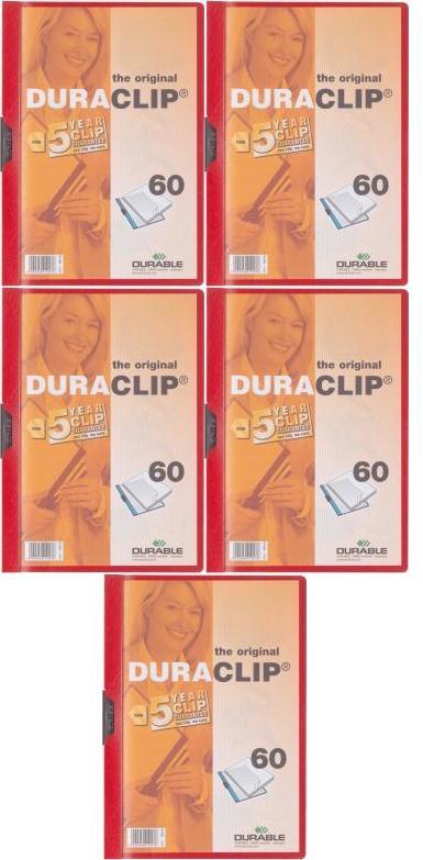 5x Skoroszyt plastikowy z klipsem Durable DuraClip, A4, do 60 kartek,czerwony