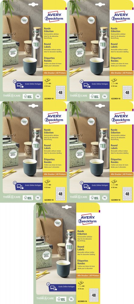 5x Etykiety samoprzylepne usuwalne Avery Zweckform, okrągłe, średnica 30mm, 10 arkuszy, 480 sztuk, biały