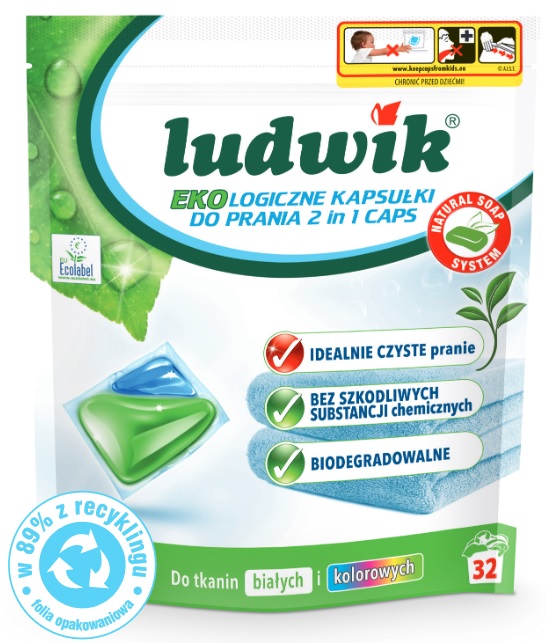 Kapsułki do prania tkanin białych i kolorowych Ludwik Ekologiczny 2 in 1, 32 sztuki
