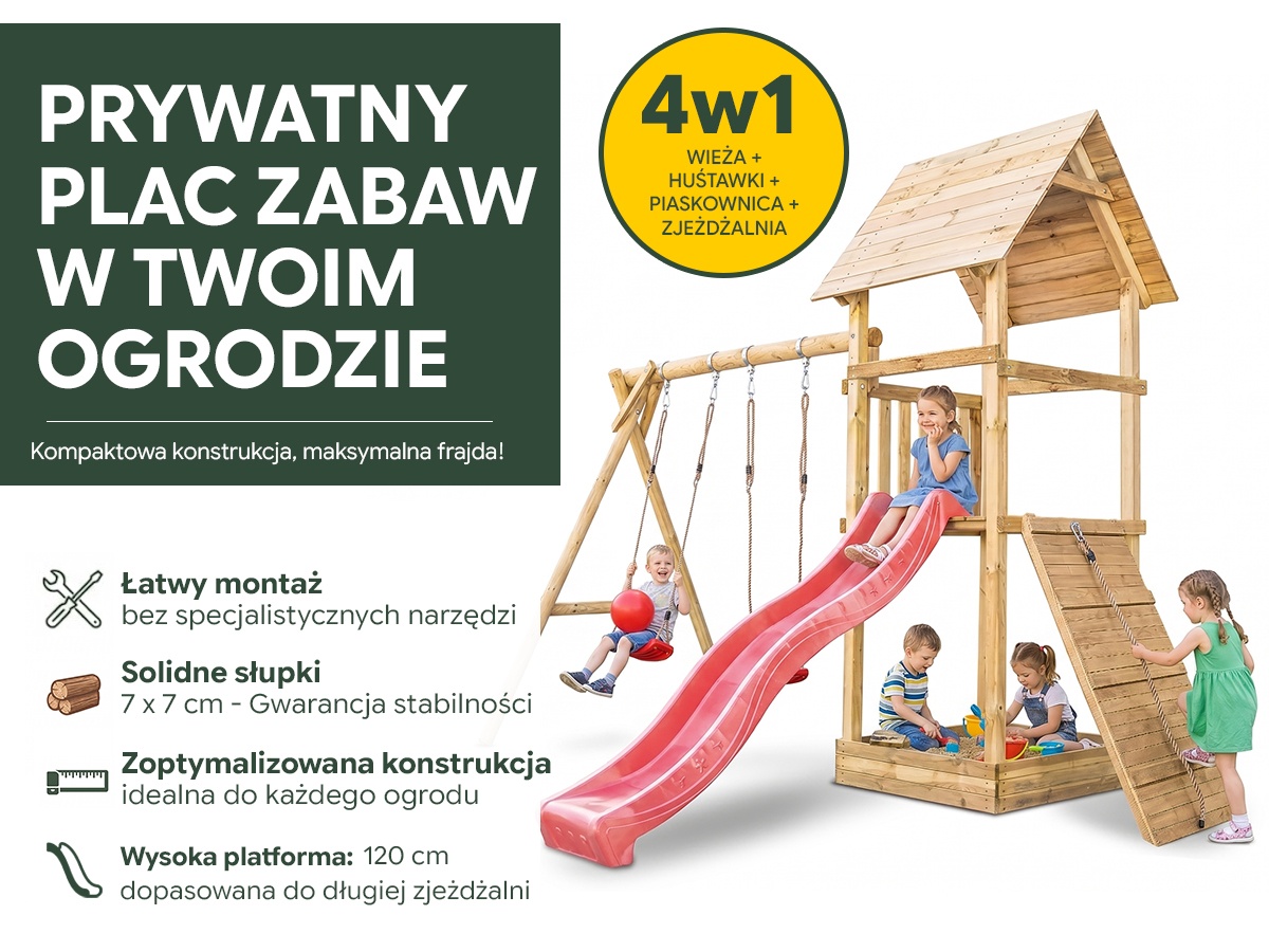 Plac zabaw do ogrodu dla dzieci Alex z podwójną huśtawką i rampą z liną