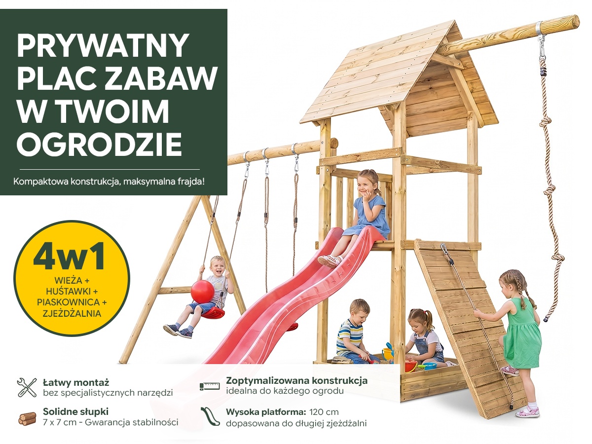 Plac zabaw do ogrodu dla dzieci Alex z podwójną huśtawką, liną do wspinania i rampą z liną