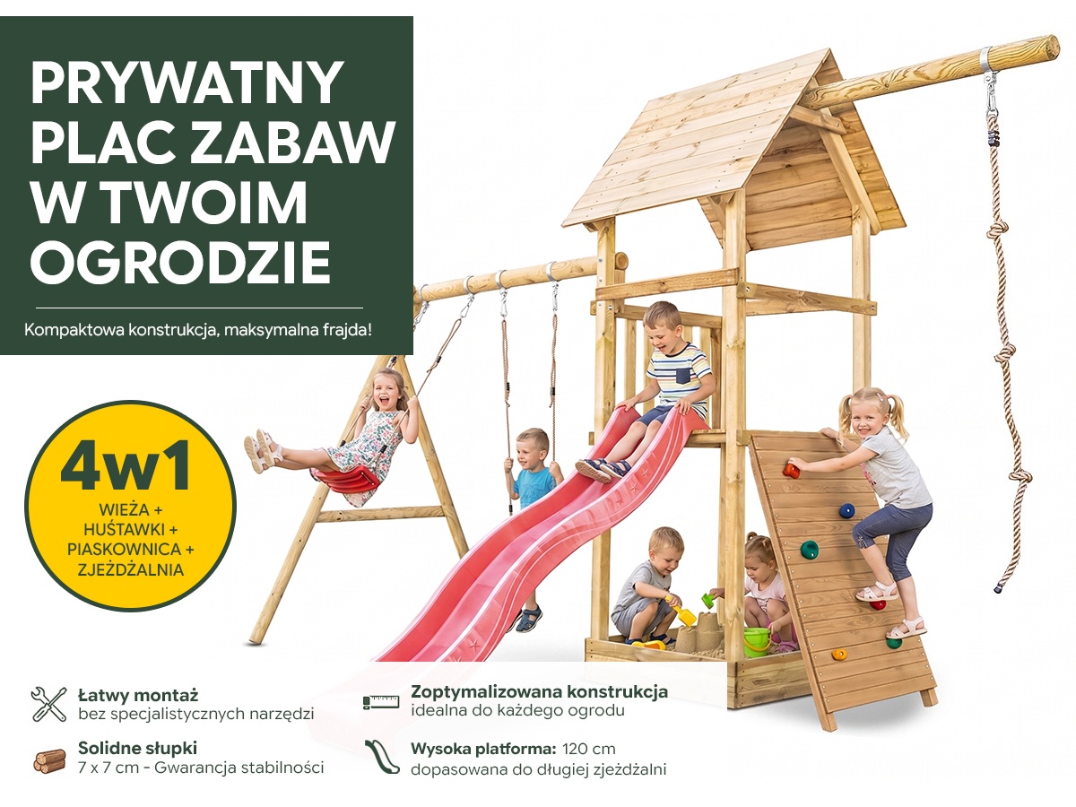 Plac zabaw do ogrodu dla dzieci Alex z podwójną huśtawką, liną do wspinania i ścianką wspinaczkową