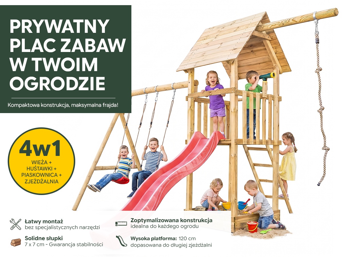 Plac zabaw do ogrodu dla dzieci Alex z podwójną huśtawką i liną do wspinania