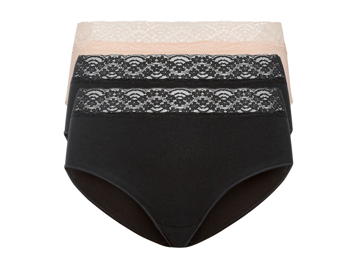 esmara Majtki damskie z elegancką koronką, Xxl, 3 pary XL 48/50, Czarny/ beżowy