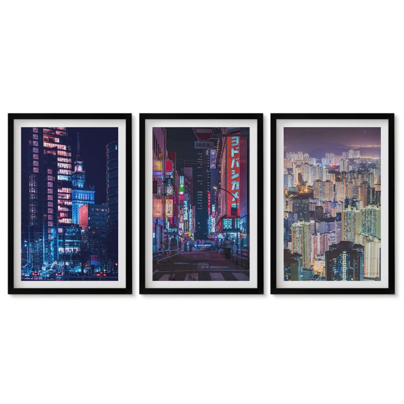 Obrazy w czarnej ramie Tulup 40x60 cm Nocne miasto neonowe światła Obrazy do kuchni w ramie 1 kpl