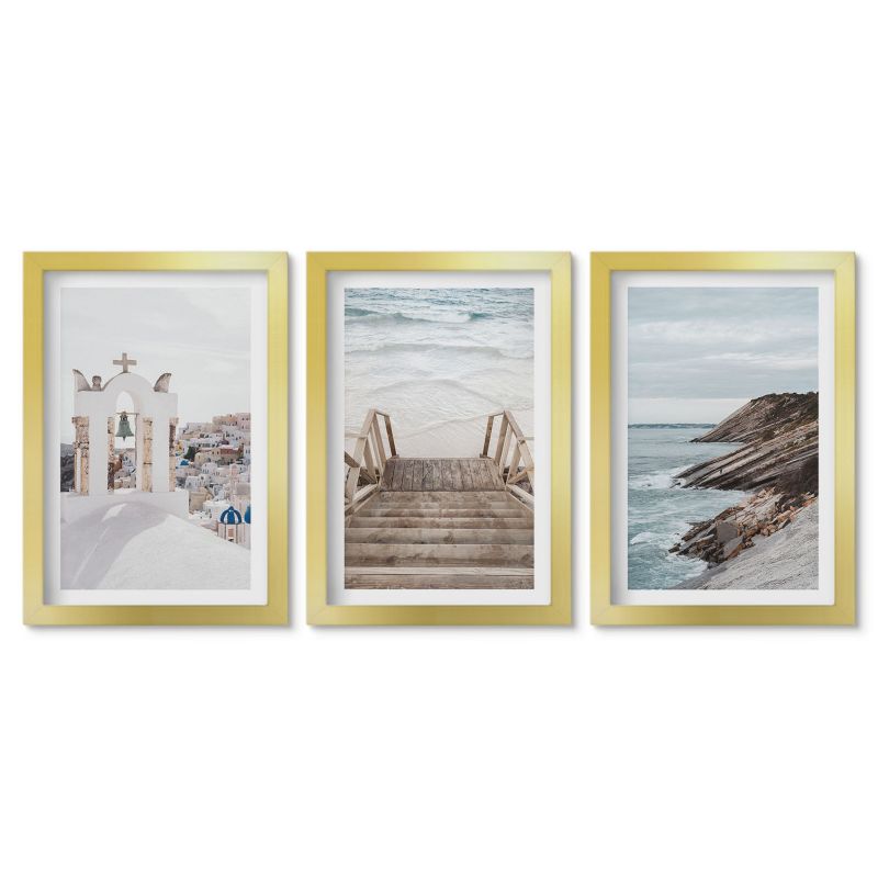 Zestaw 3 obrazów w złotych ramach Tulup 20x30 cm Morze architektura Santorini Małe obrazy do kuchni w ramie 1 kpl