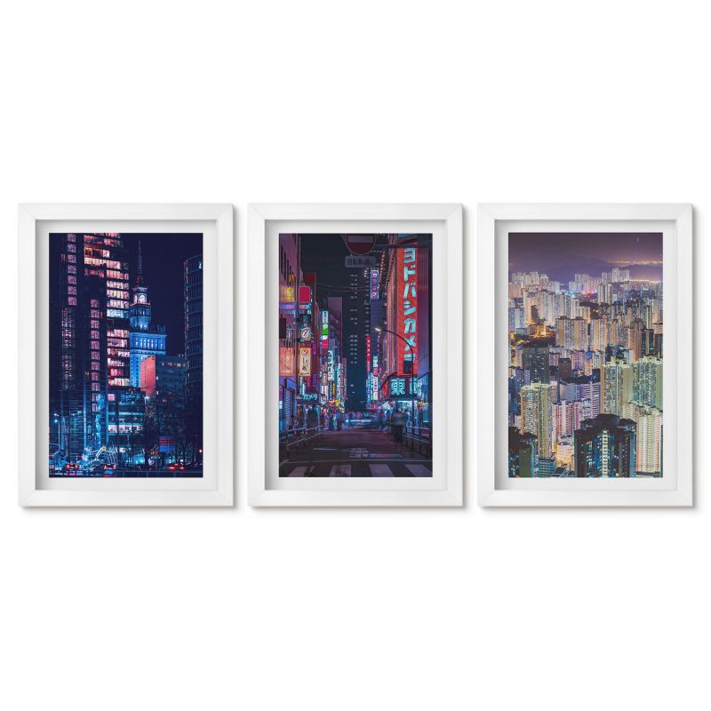 Obrazy w białej ramie Tulup 20x30 cm Nocne miasto neonowe światła Małe obrazy do kuchni w ramie 1 kpl