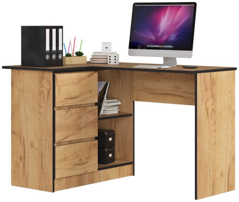 Biurko narożne Akord B16 Dąb Craft 124 cm lewe 3 szuflady kolor Dąb Craft mat 2 półki 124x85x77 cm 1 szt.
