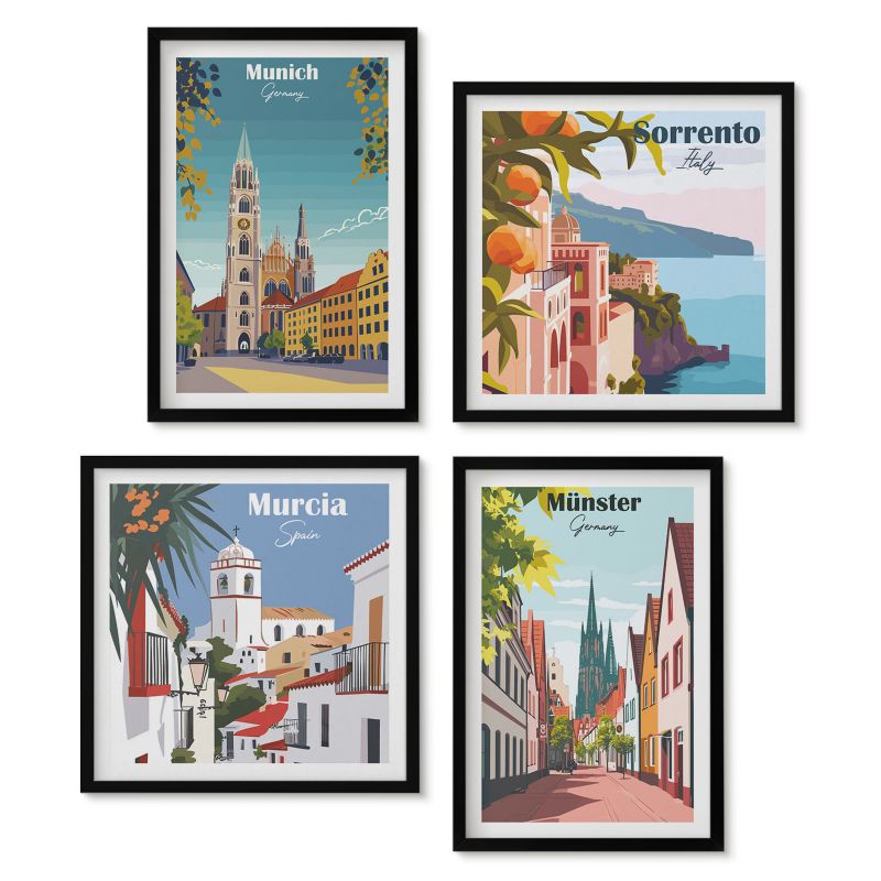 Komplet 4 obrazów w czarnej ramie Tulup Miasta Europy kolorowe ilustracje Obrazy do kuchni w ramie 1 kpl