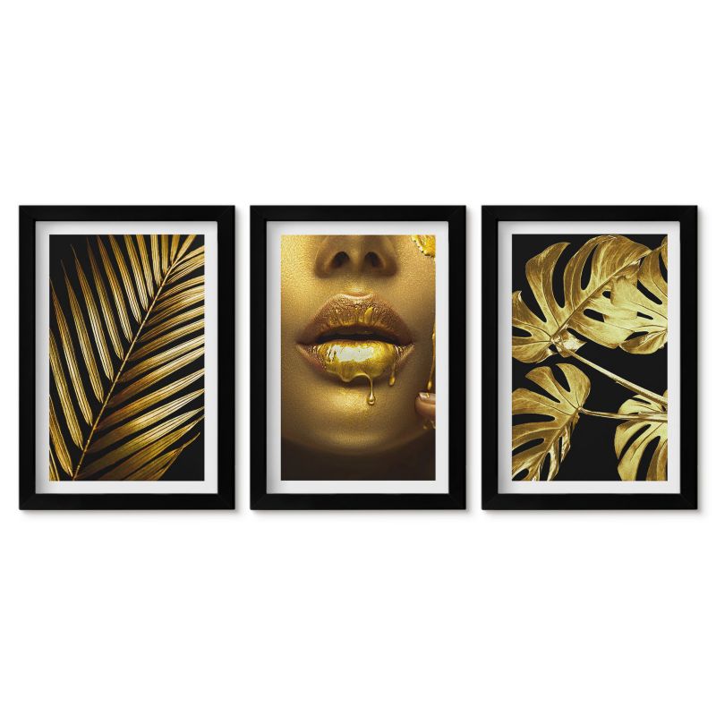 Zestaw 3 obrazów w czarnej ramie Tulup 20x30 cm Palma monstera usta kobiety Małe obrazy do kuchni w ramie 1 kpl