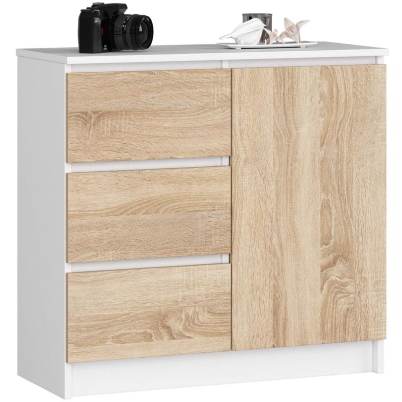 Komoda Akord Jerry Biała 80 cm 1 drzwi 3 szuflady kolor Dąb Sonoma mat 2 półki 80x35x77 cm 1 szt.