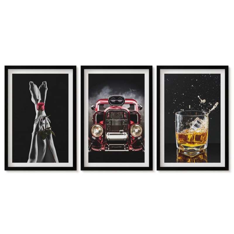 Trzy obrazy w czarnej ramie zestaw Tulup 40x60 cm Kobiece nogi róża auto whisky Obrazy do kuchni w ramie 1 kpl