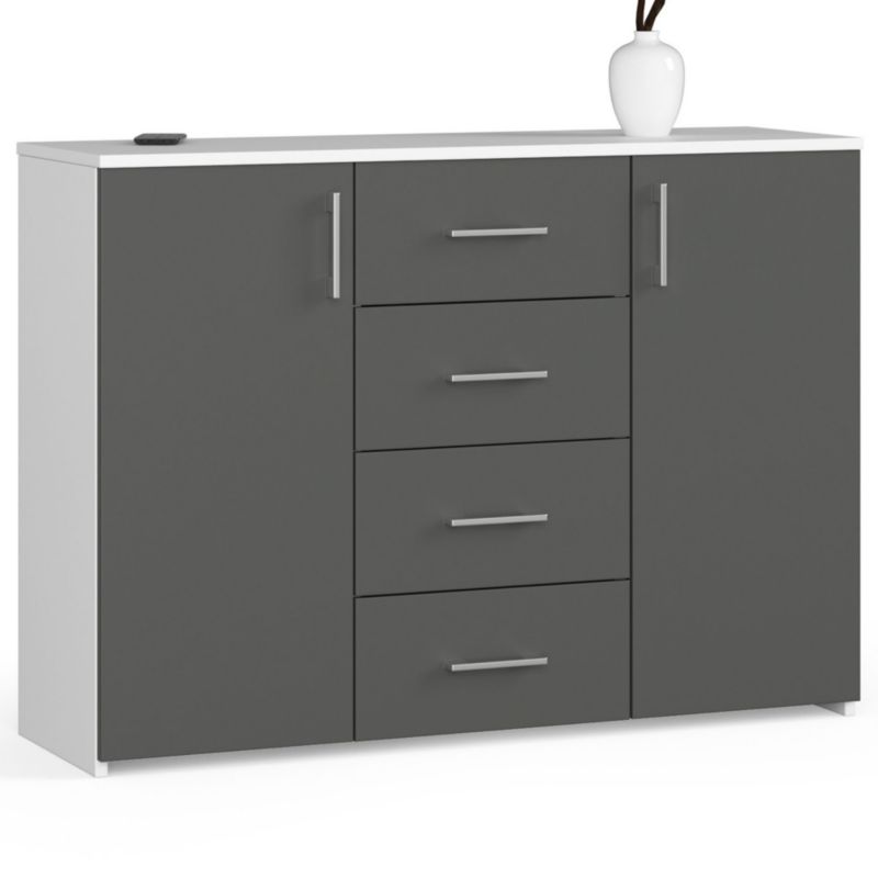 Komoda Akord K45 Biała 110 cm 2 drzwi 4 szuflady kolor Grafit Szary mat 4 półki 110x35x80 cm 1 szt.