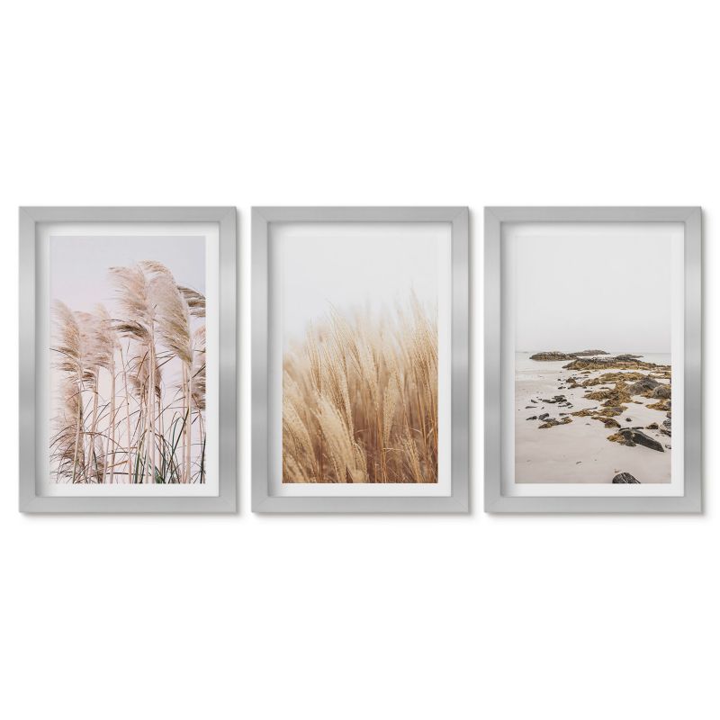 Komplet obrazów srebrna rama Tulup 20x30 cm Pola pampas traw i plaża boho Małe obrazy do kuchni w ramie 1 kpl
