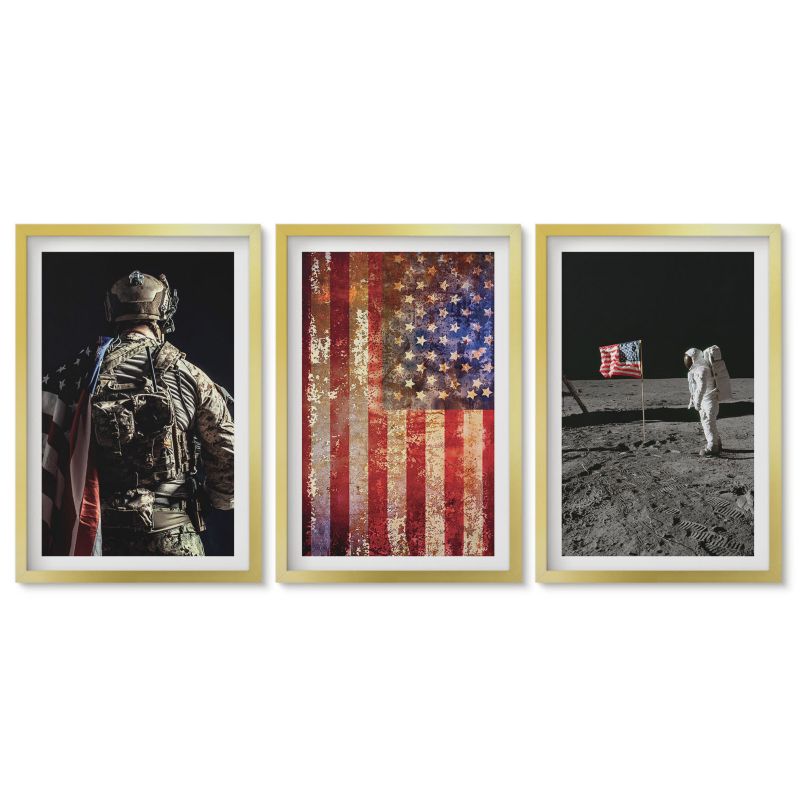 Trzy obrazy w złotej ramie zestaw Tulup 40x60 cm Amerykańskie symbole flaga USA Obrazy do kuchni w ramie 1 kpl