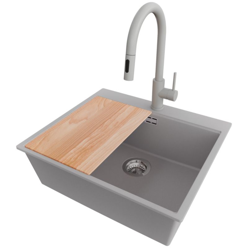 Zlewozmywak Granitowy Oslo Top PRIMAGRAN Nablatowy 58x50cm do Szafki od 60cm, Szary + Bateria + Syfon + Deska, S425, 1 szt.