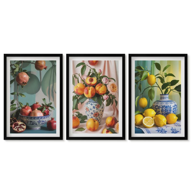 Obrazy w czarnej ramie Tulup 40x60 cm Owoce granatu brzoskwinie cytryny Obrazy do kuchni w ramie 1 kpl