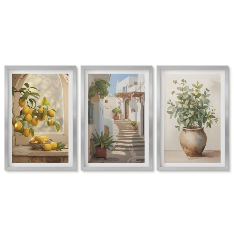 Trzy obrazy w srebrnej ramie zestaw Tulup 40x60 cm Cytryny w wazonie rośliny Obrazy do kuchni w ramie 1 kpl