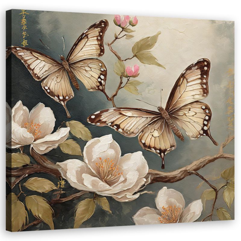 Obraz do salonu sypialni Feeby Motyl Kwiaty Magnolii Natura Beżowy 50x50cm 1szt