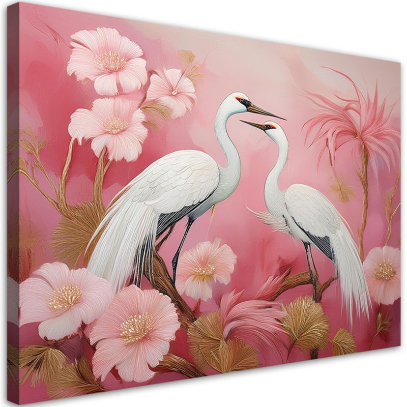 Obraz do salonu sypialni Feeby Żurawie Ptaki Kwiaty Różowy 60x40 cm 1szt