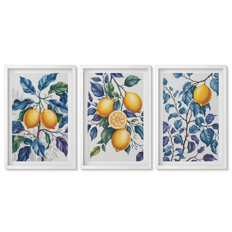 Komplet obrazów biała rama Tulup 40x60 cm Cytryny gałęzie błękitne liście Obrazy do kuchni w ramie 1 kpl