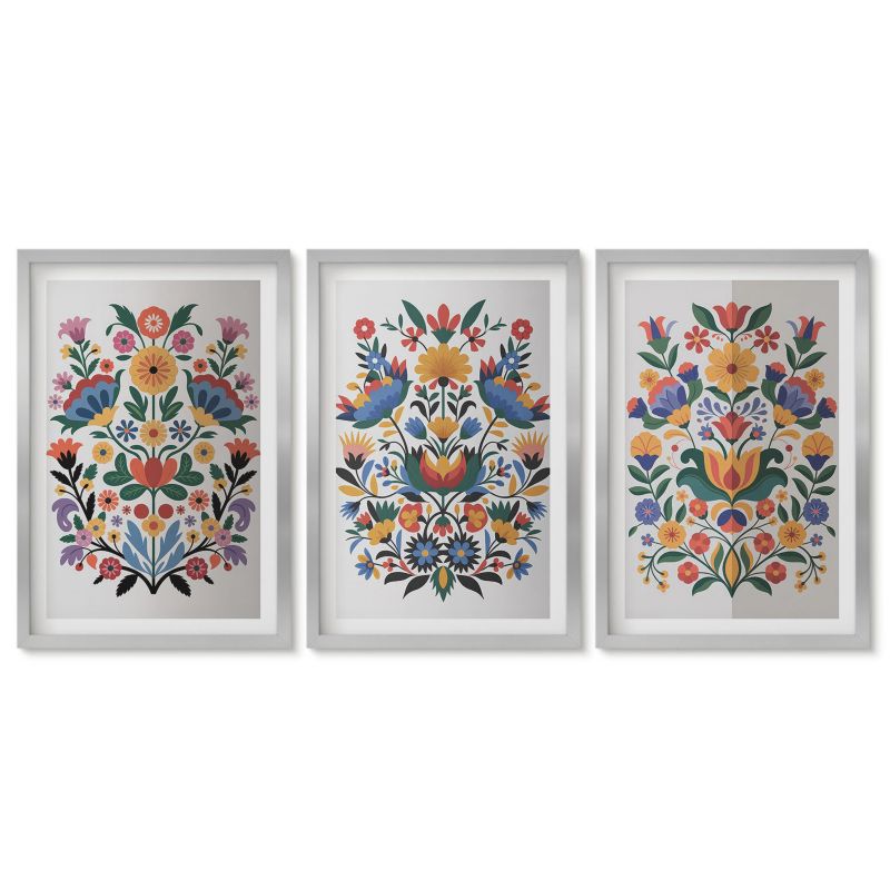 Zestaw 3 obrazów w srebrnych ramach Tulup 40x60 cm Kwiatowe wzory intensywne kolory Obrazy do kuchni w ramie 1 kpl