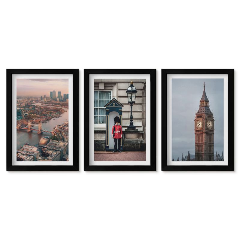 Zestaw 3 obrazów w czarnej ramie Tulup 20x30 cm Londyn most strażnik Big Ben Małe obrazy do kuchni w ramie 1 kpl
