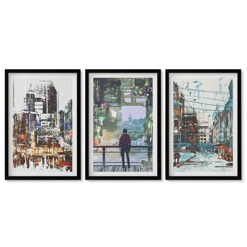 Obrazy w czarnej ramie Tulup 40x60 cm Nowoczesne miasta kolorowe postacie Obrazy do kuchni w ramie 1 kpl