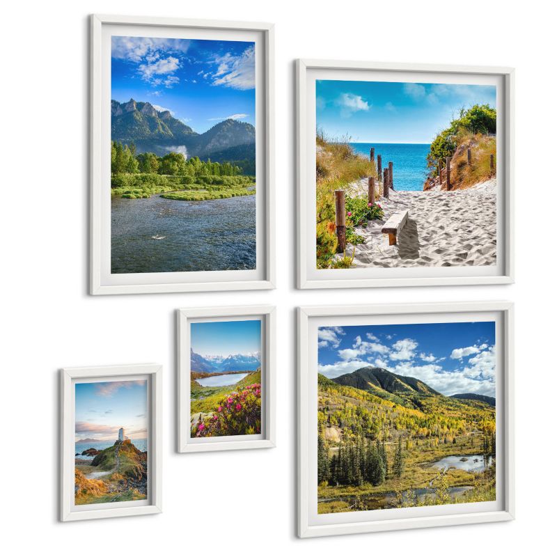 Pięcioczęściowy Zestaw Obrazów ArtPrintCave (2x50x50+2x20x30+40x60cm) Biała rama Jezioro pomosty góry 1 kpl.