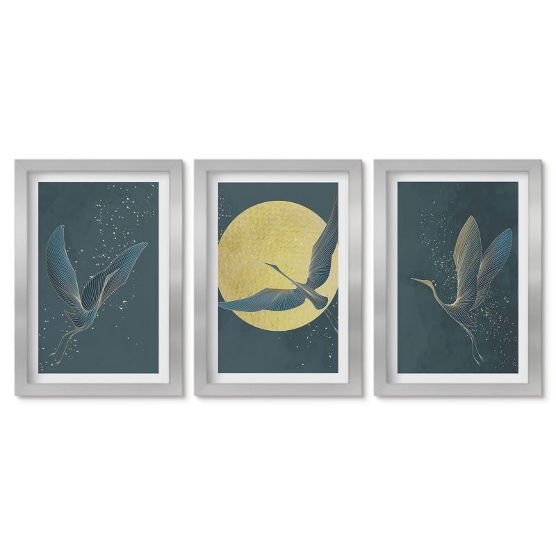 Trzy obrazy w srebrnej ramie zestaw Tulup 20x30 cm Żurawie w locie nocą Małe obrazy do kuchni w ramie 1 kpl