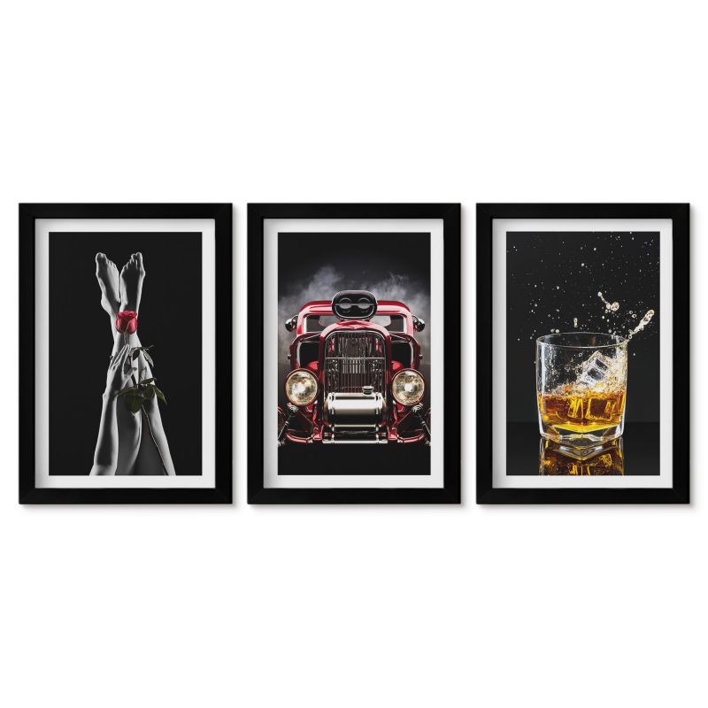 Trzy obrazy w czarnej ramie zestaw Tulup 20x30 cm Kobiece nogi róża auto whisky Małe obrazy do kuchni w ramie 1 kpl