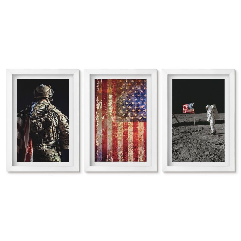 Trzy obrazy w białej ramie zestaw Tulup 20x30 cm Amerykańskie symbole flaga USA Małe obrazy do kuchni w ramie 1 kpl