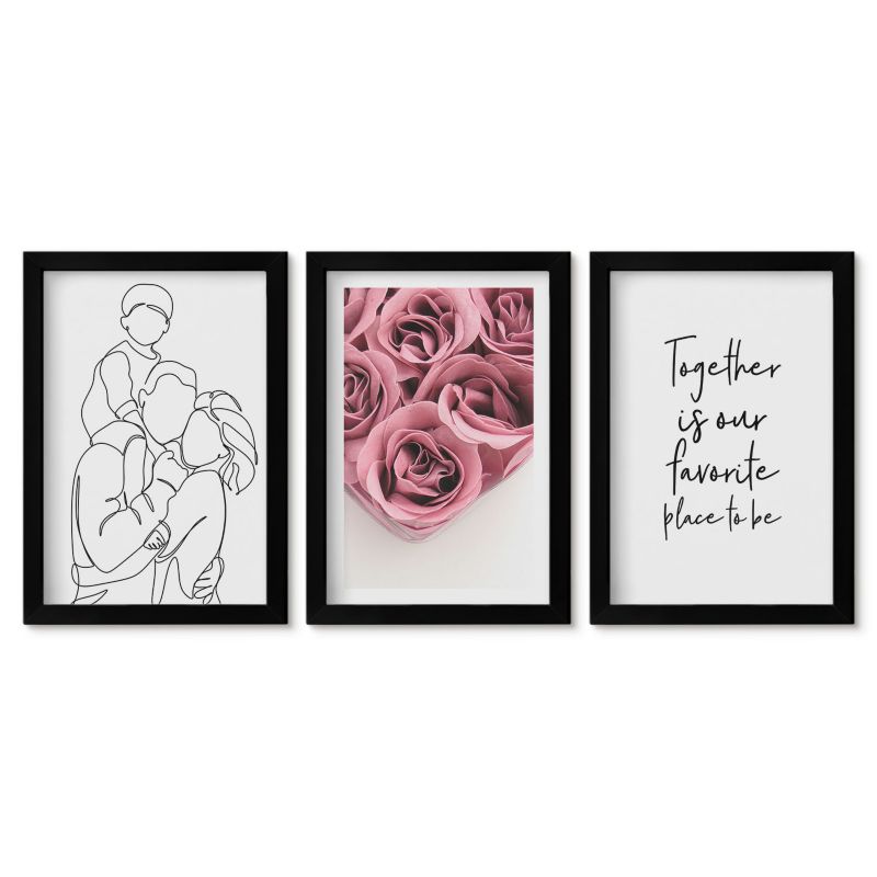 Zestaw 3 obrazów w czarnych ramach Tulup 20x30 cm Rodzina line-art bukiety róż Małe obrazy do kuchni w ramie 1 kpl