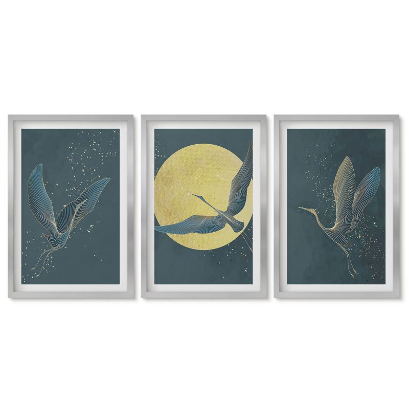 Trzy obrazy w srebrnej ramie zestaw Tulup 40x60 cm Żurawie w locie nocą Obrazy do kuchni w ramie 1 kpl