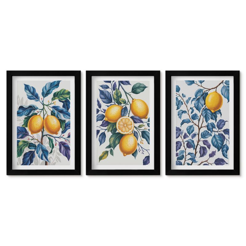 Komplet obrazów czarna rama Tulup 20x30 cm Cytryny gałęzie błękitne liście Małe obrazy do kuchni w ramie 1 kpl