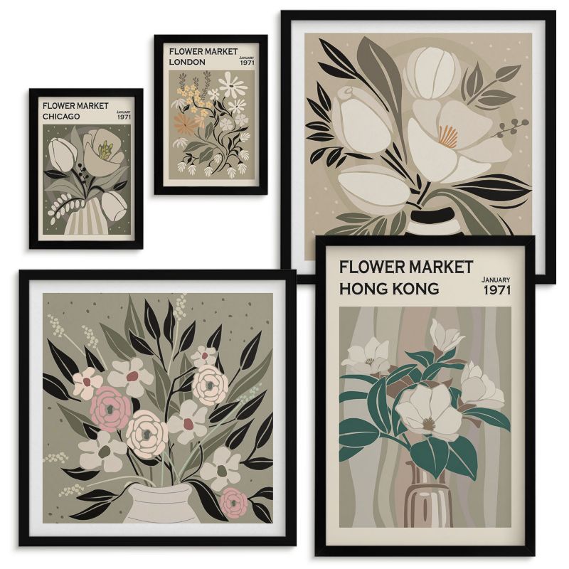 Galeria Obrazów Na Ścianę Wallfluent Kwiatowe ilustracje Londyn Hongkong Czarna rama 5 szt.