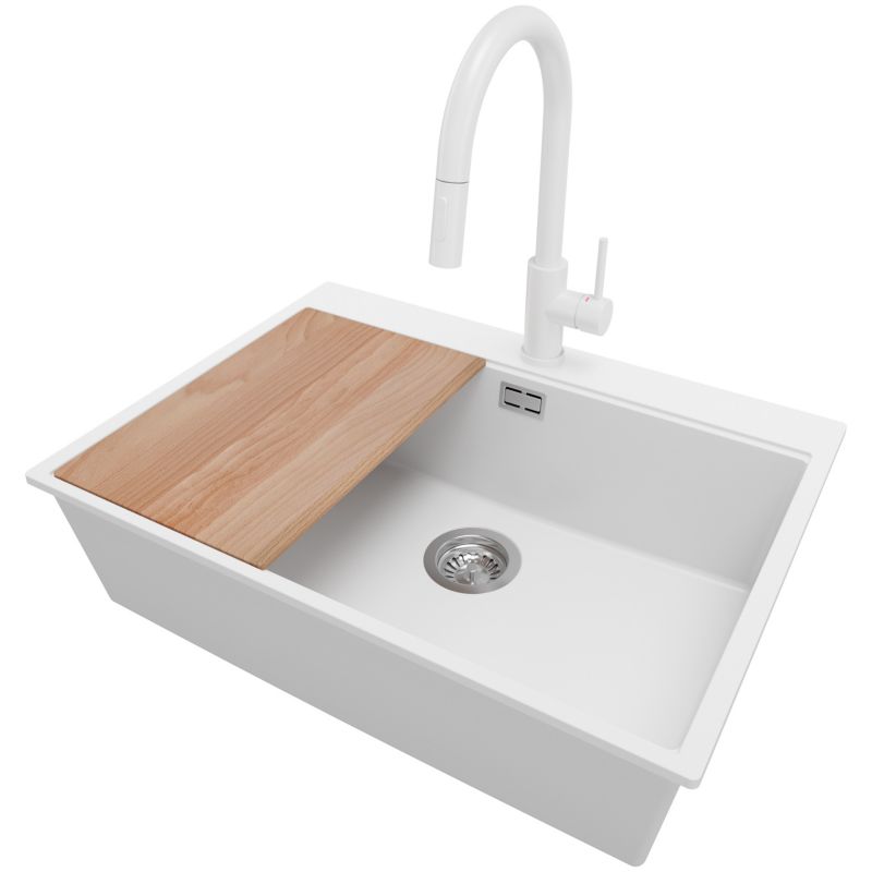 Zlew Granitowy Narożny Oslo Top PRIMAGRAN Nablatowy 68x50cm do Szafki od 70cm, Biały + Bateria + Syfon + Deska, S509, 1 szt.