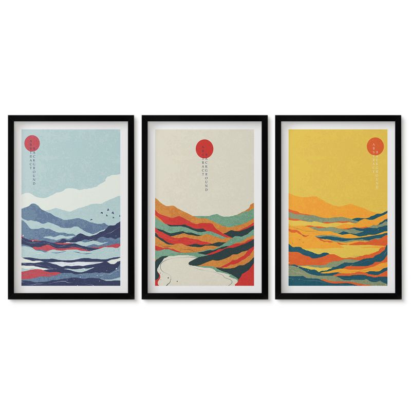 Tryptyk w czarnej ramie Tulup 40x60 cm Kolorowe góry rzeka abstrakcja Obrazy do kuchni w ramie 1 kpl