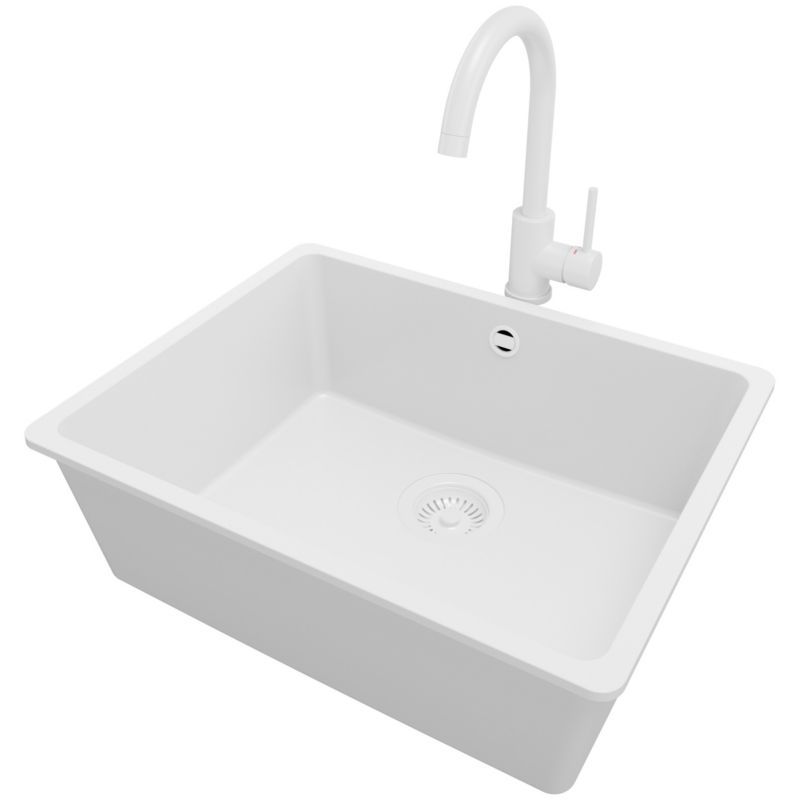Zlew Granitowy Narożny Wenecja Easy Slim PRIMAGRAN Nablatowy 56x44cm, Cały Biały + Bateria + Syfon, S074, 1 szt.