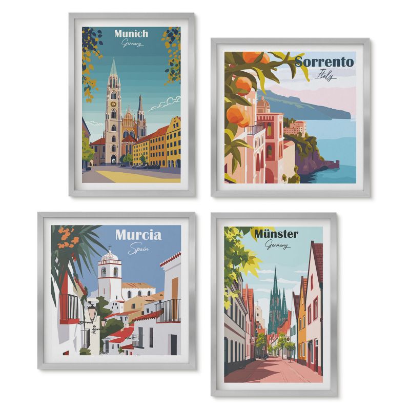 Komplet 4 obrazów w srebrnej ramie Tulup Miasta Europy kolorowe ilustracje Obrazy do kuchni w ramie 1 kpl