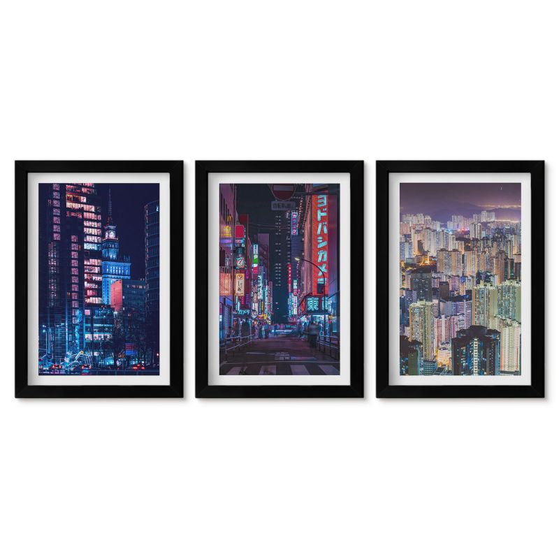 Obrazy w czarnej ramie Tulup 20x30 cm Nocne miasto neonowe światła Małe obrazy do kuchni w ramie 1 kpl