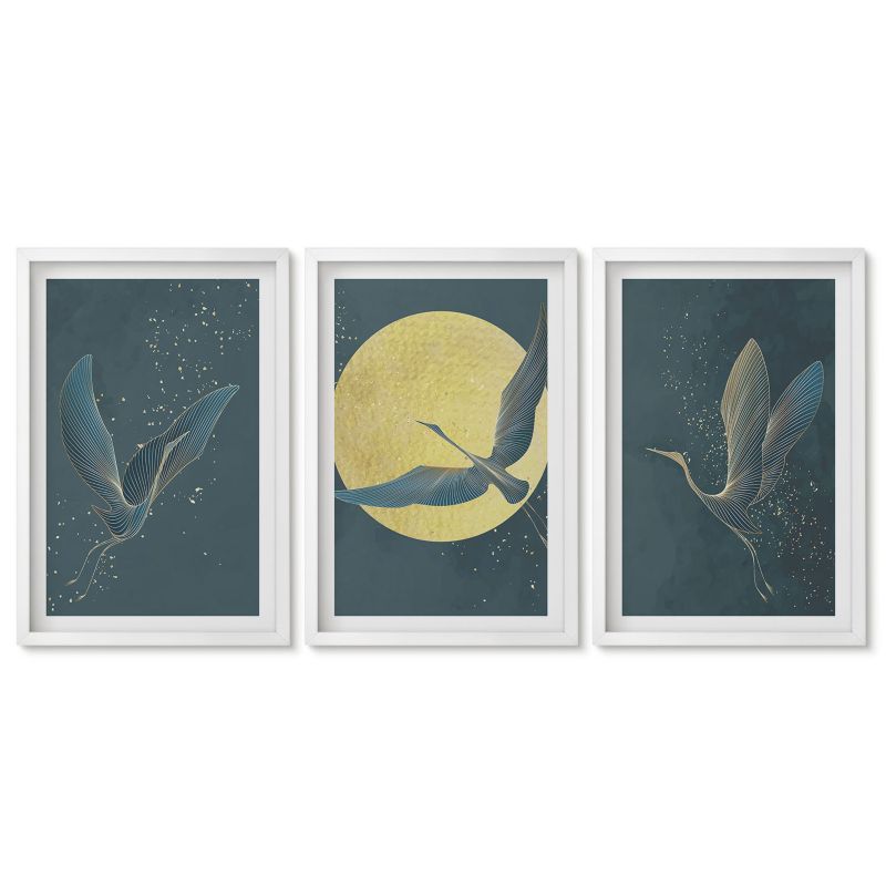 Trzy obrazy w białej ramie zestaw Tulup 40x60 cm Żurawie w locie nocą Obrazy do kuchni w ramie 1 kpl