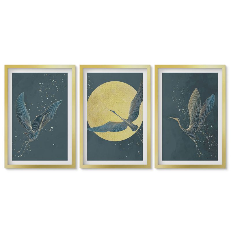 Trzy obrazy w złotej ramie zestaw Tulup 40x60 cm Żurawie w locie nocą Obrazy do kuchni w ramie 1 kpl