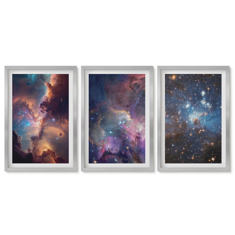Zestaw 3 obrazów w srebrnej ramie Tulup 40x60 cm Kosmiczne pejzaże gwiazd Obrazy do kuchni w ramie 1 kpl