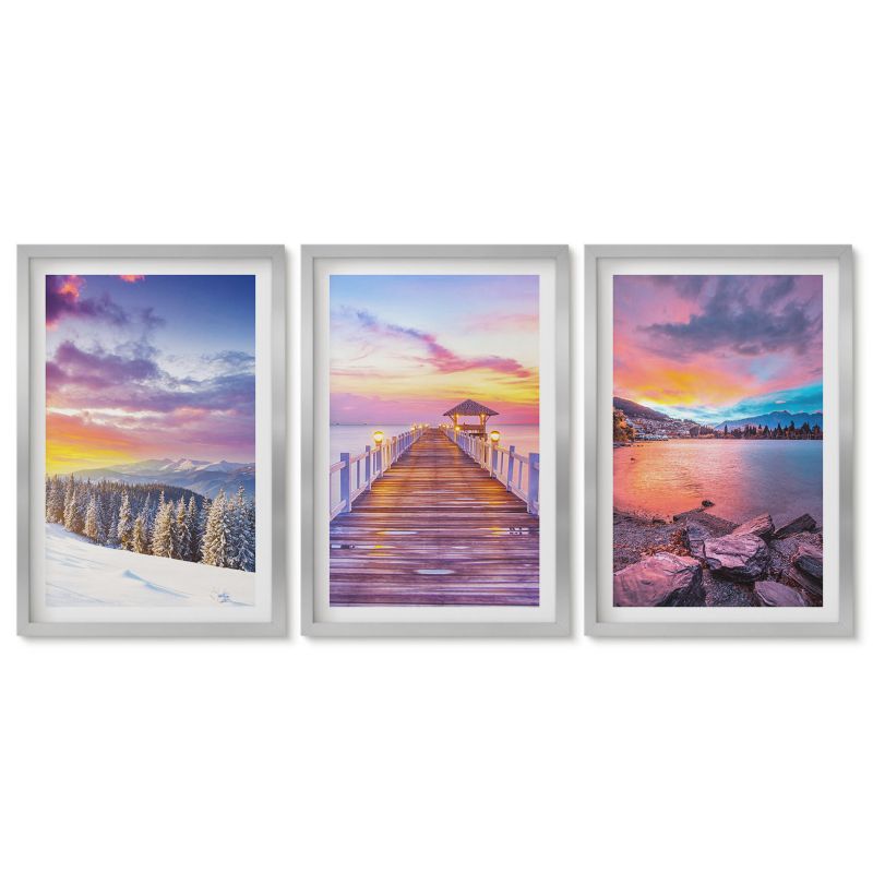 Zestaw 3 obrazów w srebrnych ramach Tulup 40x60 cm Zimowy krajobraz górski jezioro Obrazy do kuchni w ramie 1 kpl