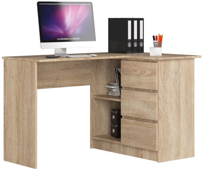 Biurko narożne Akord B16 Dąb Sonoma 124 cm prawe 3 szuflady kolor Dąb Sonoma mat 2 półki 124x85x77 cm 1 szt.