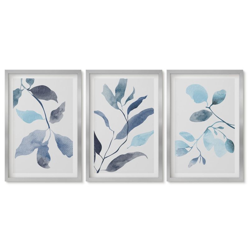 Obrazy w srebrnej ramie Tulup 40x60 cm Niebieskie liście akwarela Obrazy do kuchni w ramie 1 kpl